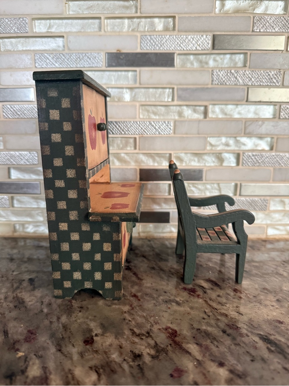 Miniature Wooden Kitchen Hutch and Chair with Apple Motif - Red and Green - Picture 3 of 6